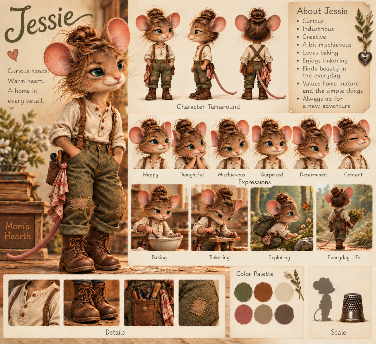 Early Jessie character exploration, showing her work clothes, tool belt, and expressions